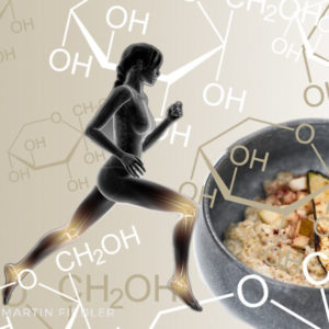 Thumbnail für diesen Blog-Artikel vom Makronährstoff Kohlenhydrate. Man sieht eine Frau in laufender Bewegung, eine Schüssel Haferflocken-Frühstpck im Hintergrund und viele chemische Formeln von Kohlenhydraten über das Bild verteilt.