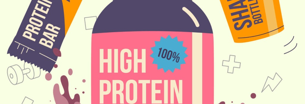 Diese Grafik zeigt High-Protein-Produkte: einen Eiweißriegel, Whey und einen Shaker.