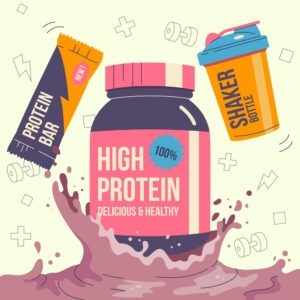 Diese Grafik zeigt High-Protein-Produkte: einen Eiweißriegel, Whey und einen Shaker.